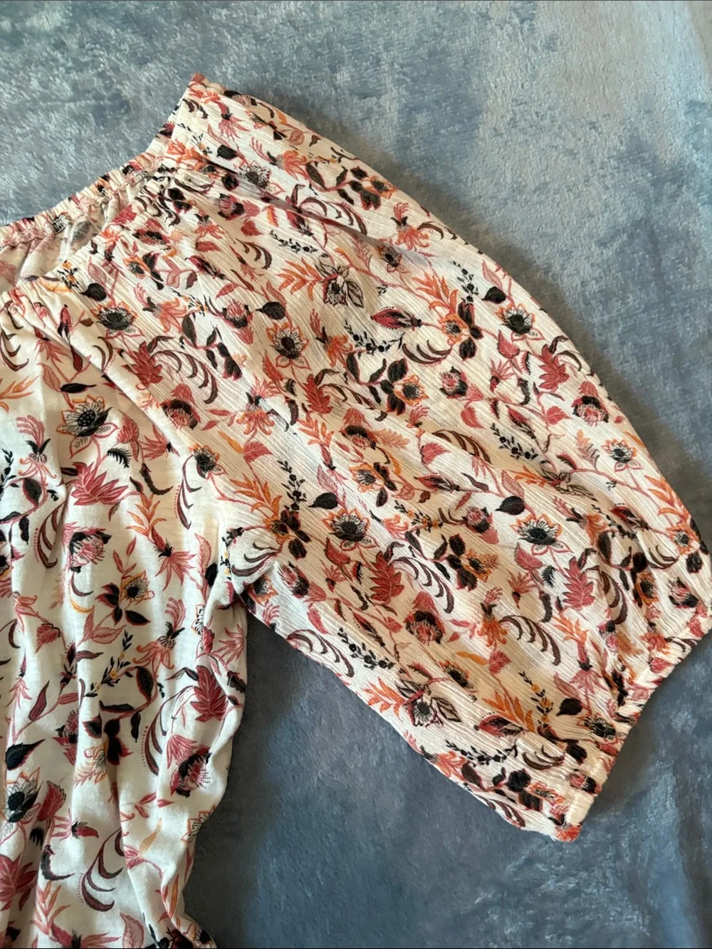 LOFT Cream Floral Off-Shoulder Puff Sleeve Blouse with Coral and Black Print